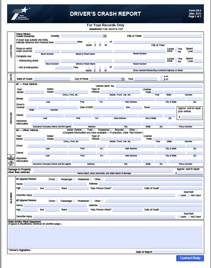 Texas Driver's Crash Report, Driver Crash Report, CR-2 Blue Form
